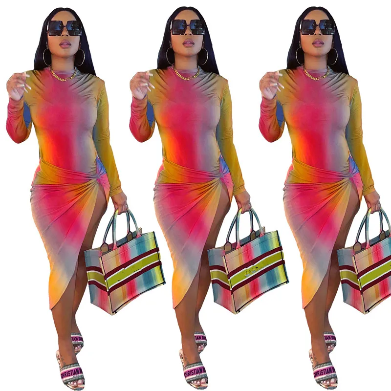 

B14942A 2021 Newest fashion lady sexy print open sexy split dress, Shown