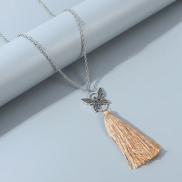 

Retro Silver Color Thin Link Chain Vintage Butterfly Necklace Long Tassel Butterfly Pendant Necklace, Picture color