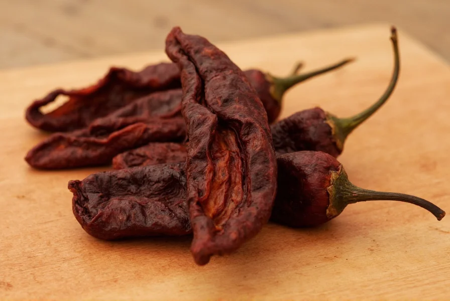 Close-up view of dried ancho peppers showing their dark reddish-brown color and wrinkled texture on wooden cutting board