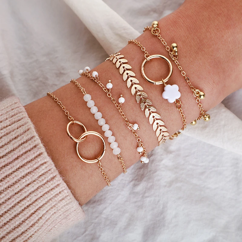 

New Multi-layer Retro Stacking Wind Fishbone Chain Leaves 6-piece Charm Bracelets For Women, Gold