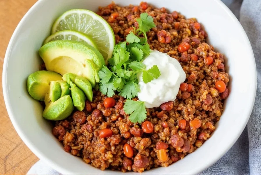 Quinoa chili served in bowl with various toppings including avocado, cilantro, lime wedges, and sour cream