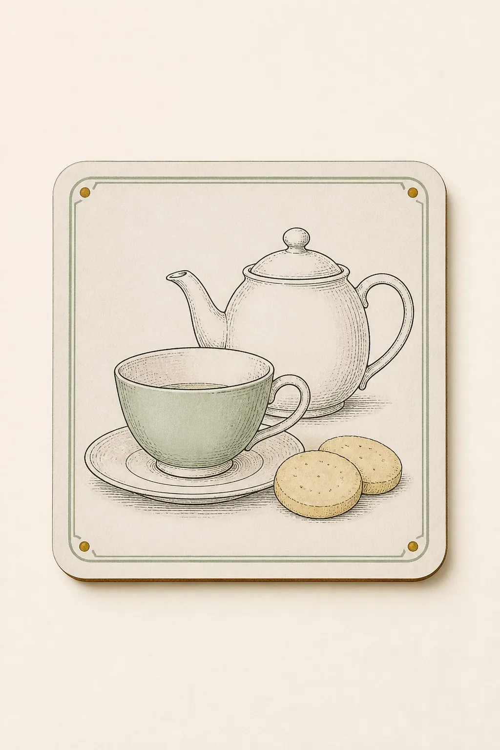 Vintage Tea Time Coaster with Teapot Cup and Biscuits