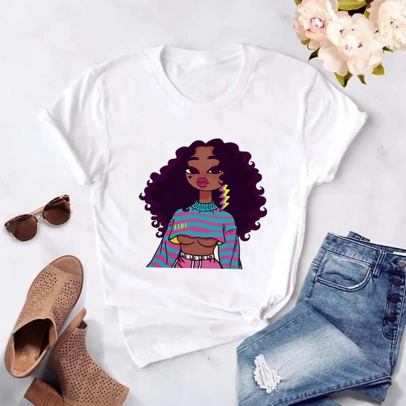 

Crew Neck Cartoon Printed Short Sleeve vintage black girl T-Shirt Women Ladies, White