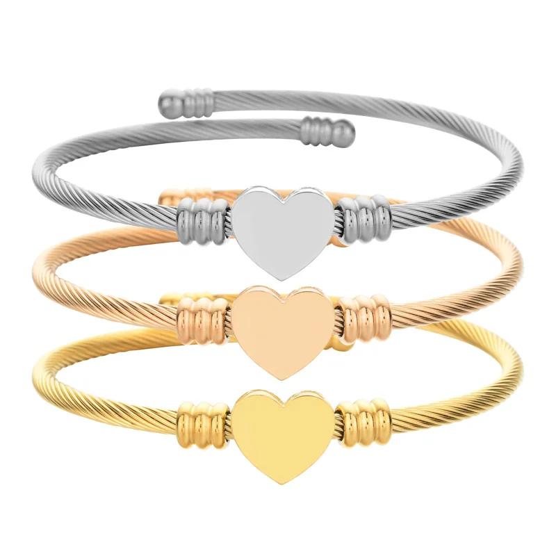 

Women Gold Plated Wire Bangle Bracelet Stainless Steel Love Heart Charm Bracelet