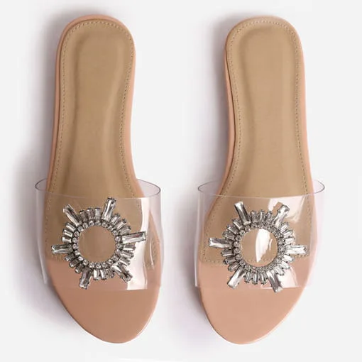 

PDEP hot summer for ladies plain footwear platform open-toe beautiful transparent rhinestone flat slipper for women sandals, Brown, white