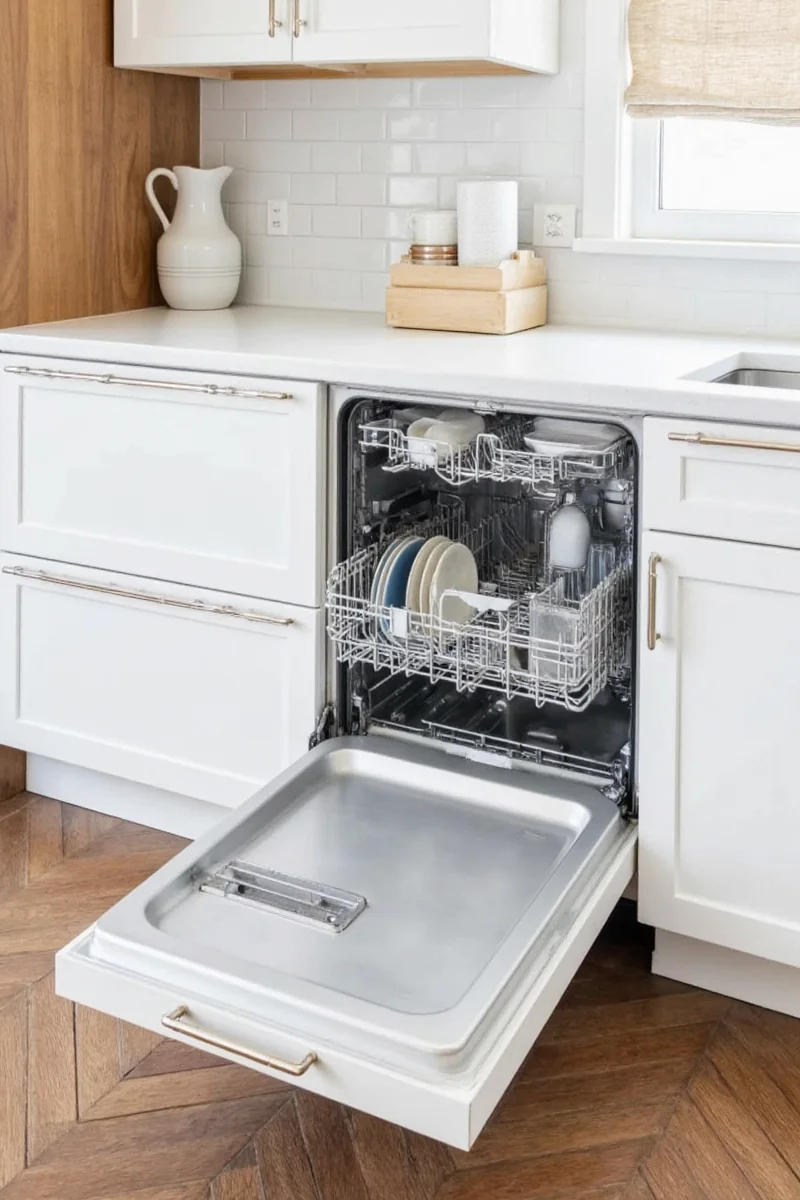 Family using dual dishwashers in modern kitchen
