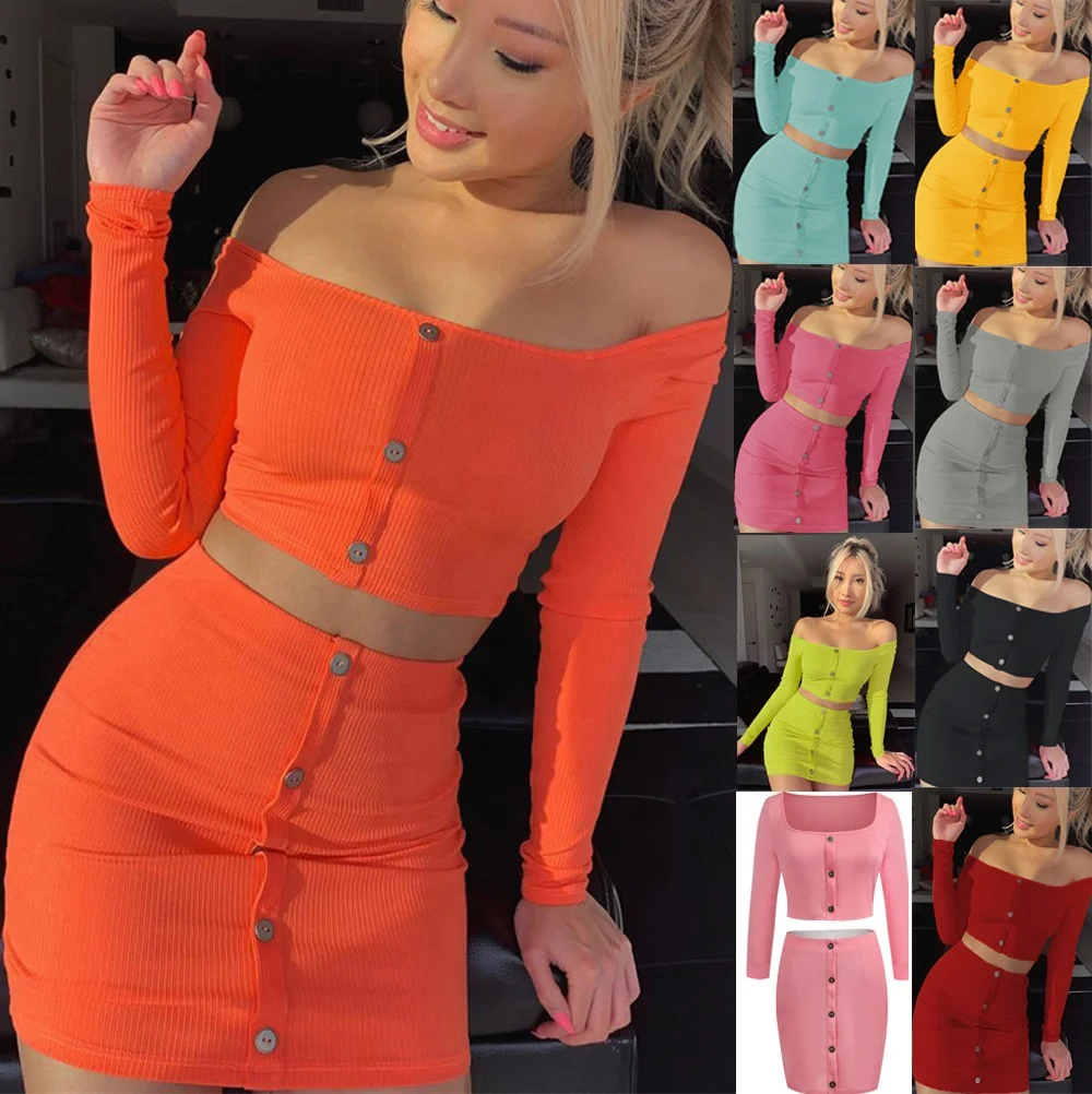 

2021 Sexy Off Shoulder Two Piece Set Solid Button Bodycon Women Long Sleeve Top And Skirt Summer spring women dresses