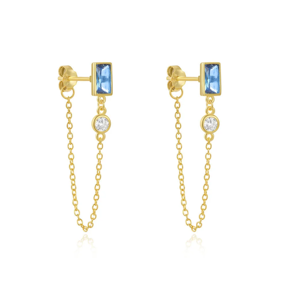 Fashion Earrings Jewelry 925 Sterling Silver square Rectangle Blue Zircon Tassel Chain Gold Plated Stud Earrings for Women
