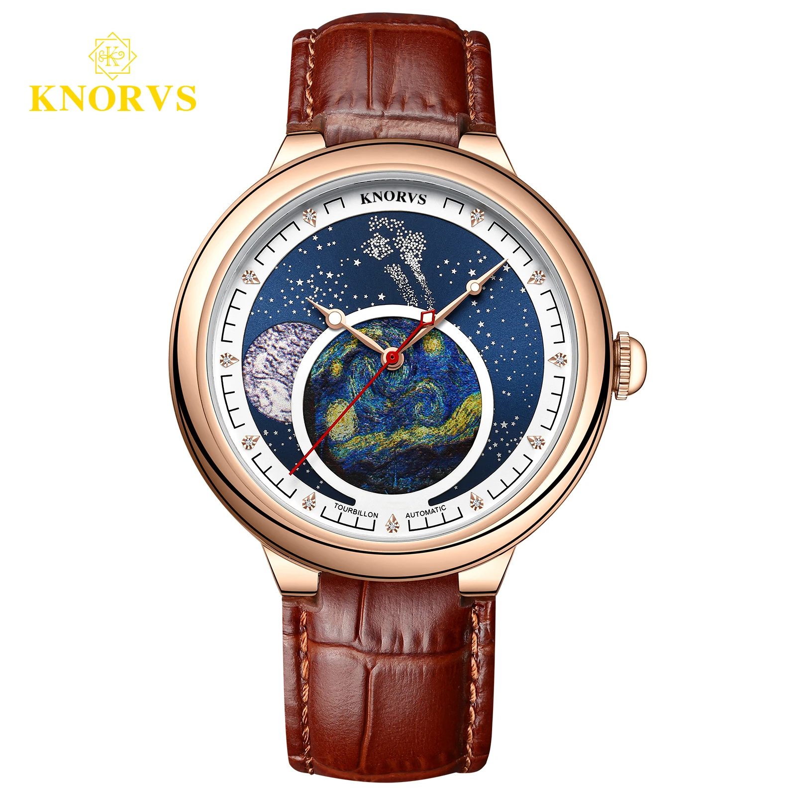 

KNORVS Switzerland brand stainless steel high quality alloy Italian Genuine Leather Tourbillon movement mechanical watches