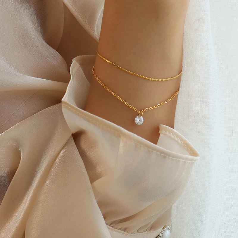

New Trendy 18K Real Gold Plated Stainless Steel Double Layered Chain Zircon Bracelets For Women