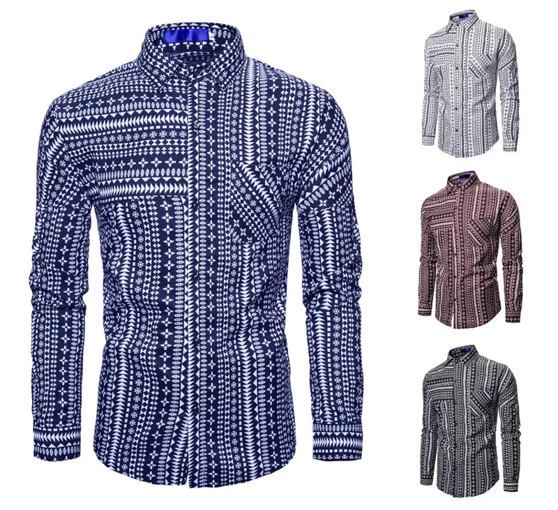 

2020 European new men's large shirt national Stripe Print polo long sleeve shirt