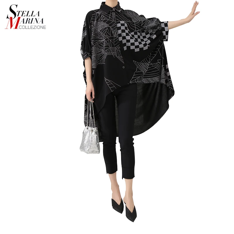 

2019 Korean Style Women Black Long Blouse Shirt Batwings Sleeve Geometrical Pattern Printed Female Casual Oversized Blouses