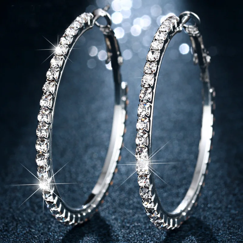 

Bling Big Circle Round Hoop Earrings Shiny Full CZ Rhinestone Crystal Hoop Earrings Women Jewelry