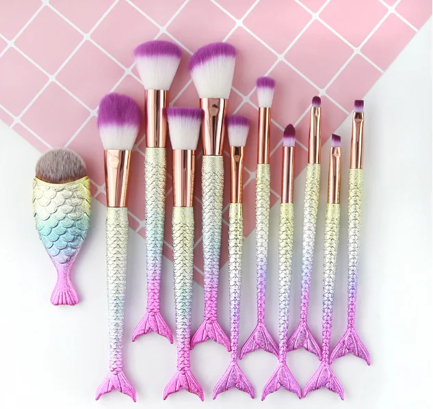 

Custom Makeuo Unique Women Makeup Natural Bristle 10 Piece Mermaid Make Up Brush Sets, Green, gold, purple, coloful