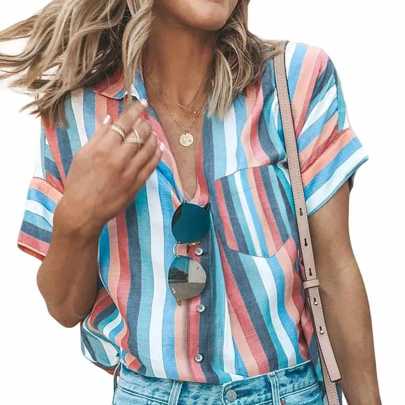 

Wholesale Women Tops Striped Turn-Down Collar Gingham Play Button Down Shirt