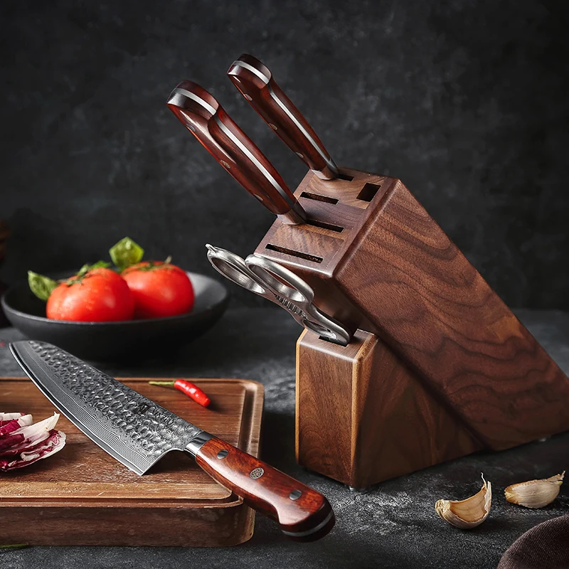 

5 PCS Razor sharp High Carbon 10Cr core Damascus steel Rosewood handle Kitchen Chef Knife Set with Wooden Block