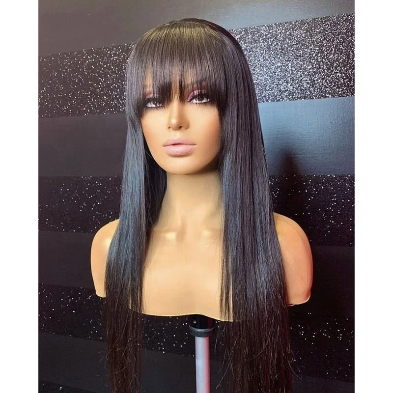 

Wholesale 150% density Silky Straight Wigs with Bang Cuticle Aligned Virgin Brazilian Human Hair Lace Front Wigs