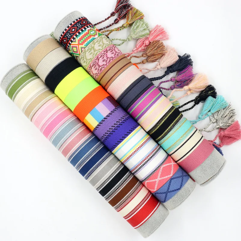 

Ethnic Style Multi Colors No Logo Blank Webbing Bracelet Embroidered Tassel Braided Hand Rope DIY Wrist strap