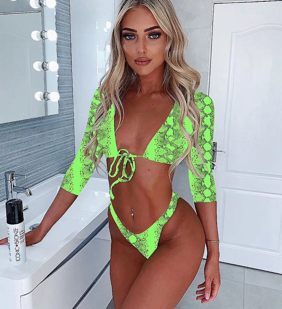 

Girls Thong Bikini Two Piece Swimsuit Long Sleeve Print Bathing Suit Sexy Bikini Swimsuit