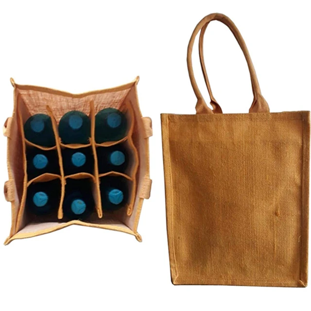 
Low Cost Bulk Quantity Promotional Custom Slogan Logo Beach Natural Hessian Burlap Jute Wine Bags 