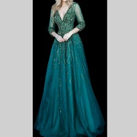 

green v neck open back long sleeve A line beaded summer rhinestone women long tulle dress evening party