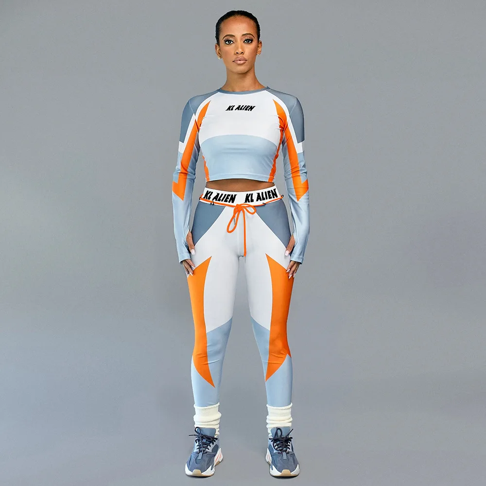 

2021 Autumn/Fall Long Sleeve Outfit Tracksuit Letter Print Skinny Legging Gym Fitness Sport 2 Two Piece Pants Set Women Clothing, Orange