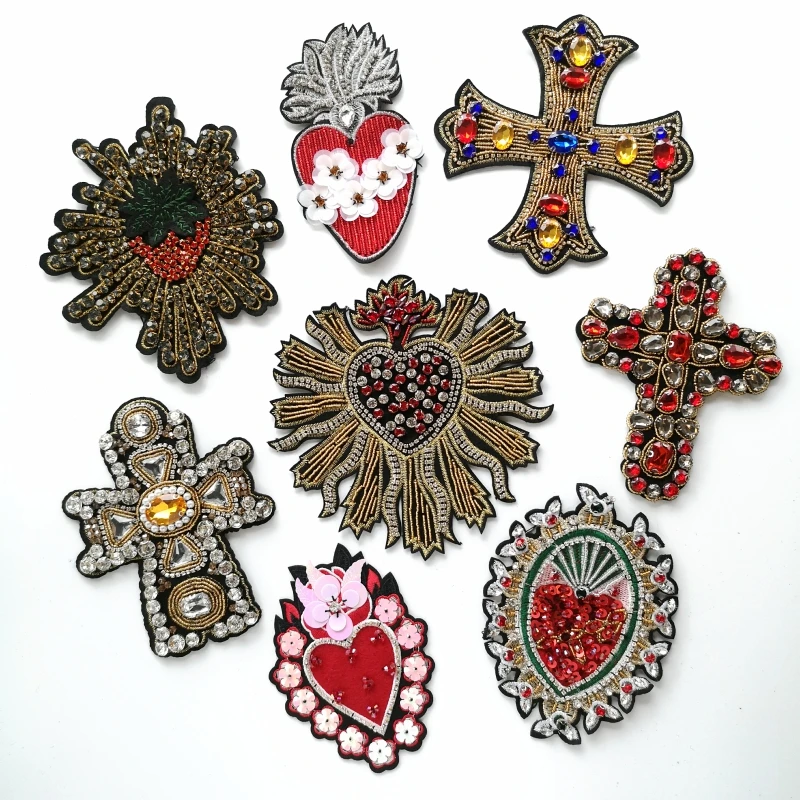 

GUGUTREE handmade beaded sequined heart patches sew on embroidery star cross patch badges appliques