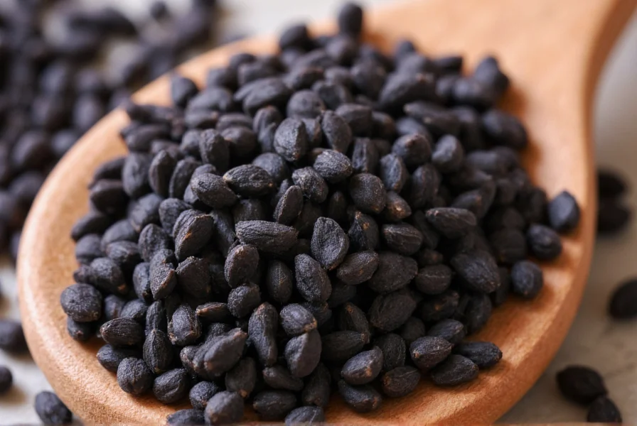 Close-up view of black cumin seeds (Nigella sativa) showing their distinctive matte black triangular shape on a wooden spoon