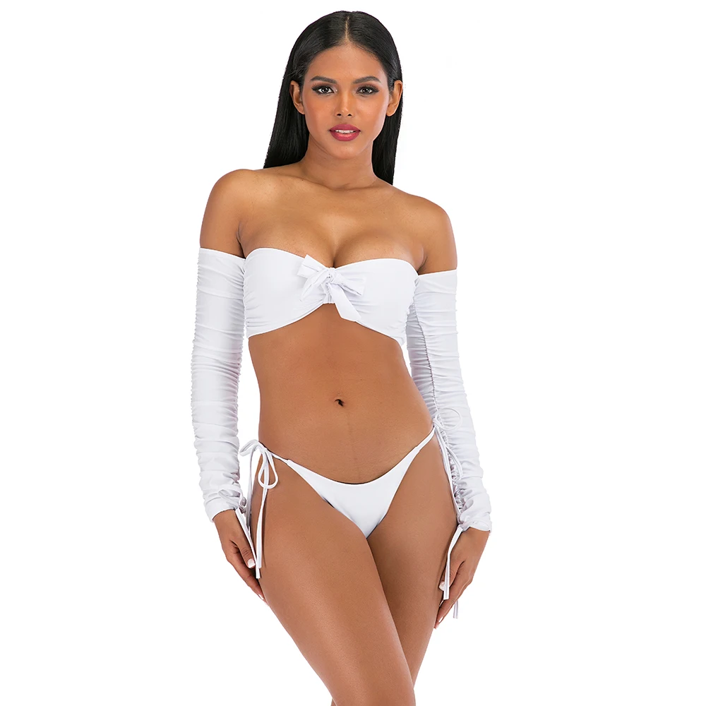 

New design 2021 bathing suits long sleeve swimsuit tie string bikini sexy swimwear, Accept customized