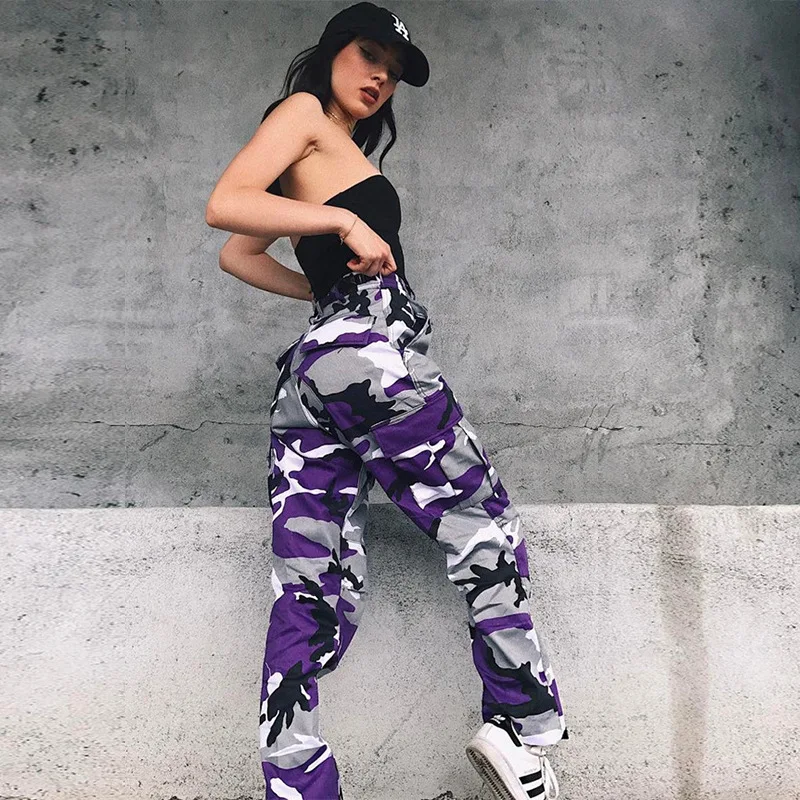 

Hot selling casual long harem women cargo trousers camouflage pants with low price