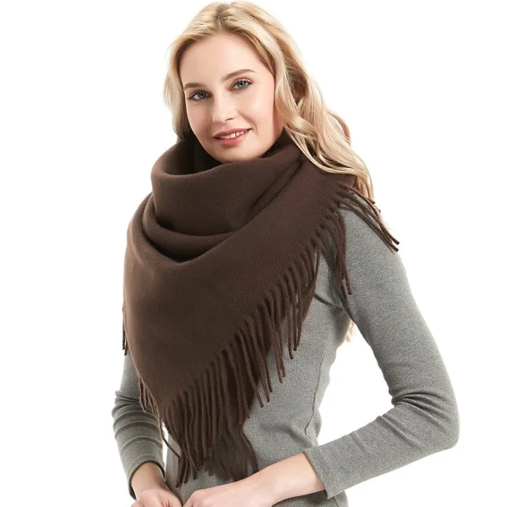 

Fashionable Women Brown Solid Color Tassel Customize Square Shawl Autumn And Winter Scarf, Picture