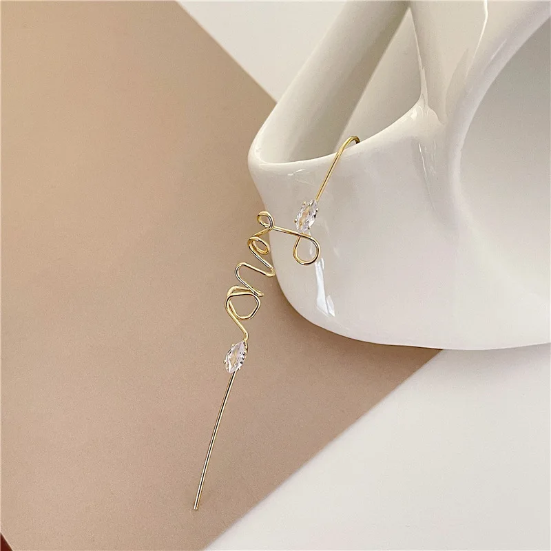 

New LOVE Letter Ear Needle Wrap Crawler Hook Earrings for Women Diagonal Stud Copper Inlaid Zircon Earrings Piercing, Gold