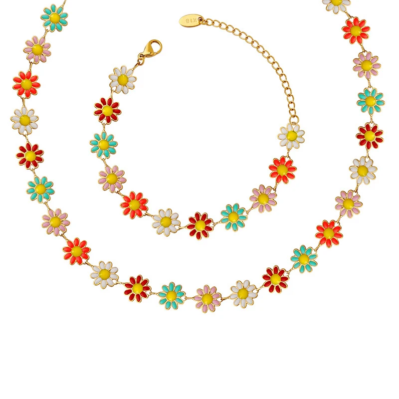 

Colorful Enamel Daisy Flower Sunflower Statement Chain Splicing Choker Necklace Bracelet Fashion Jewelry For Girls