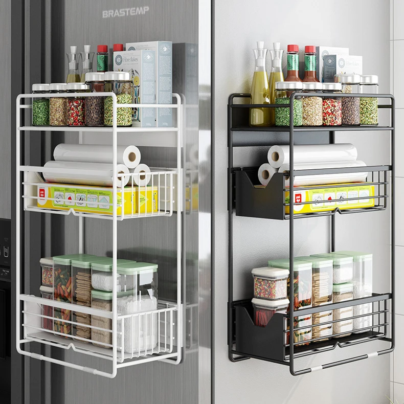 

Multiple Use Magnetic Kitchen Refrigerator Side 3-Layer Storage Shelf Rack, Black/white