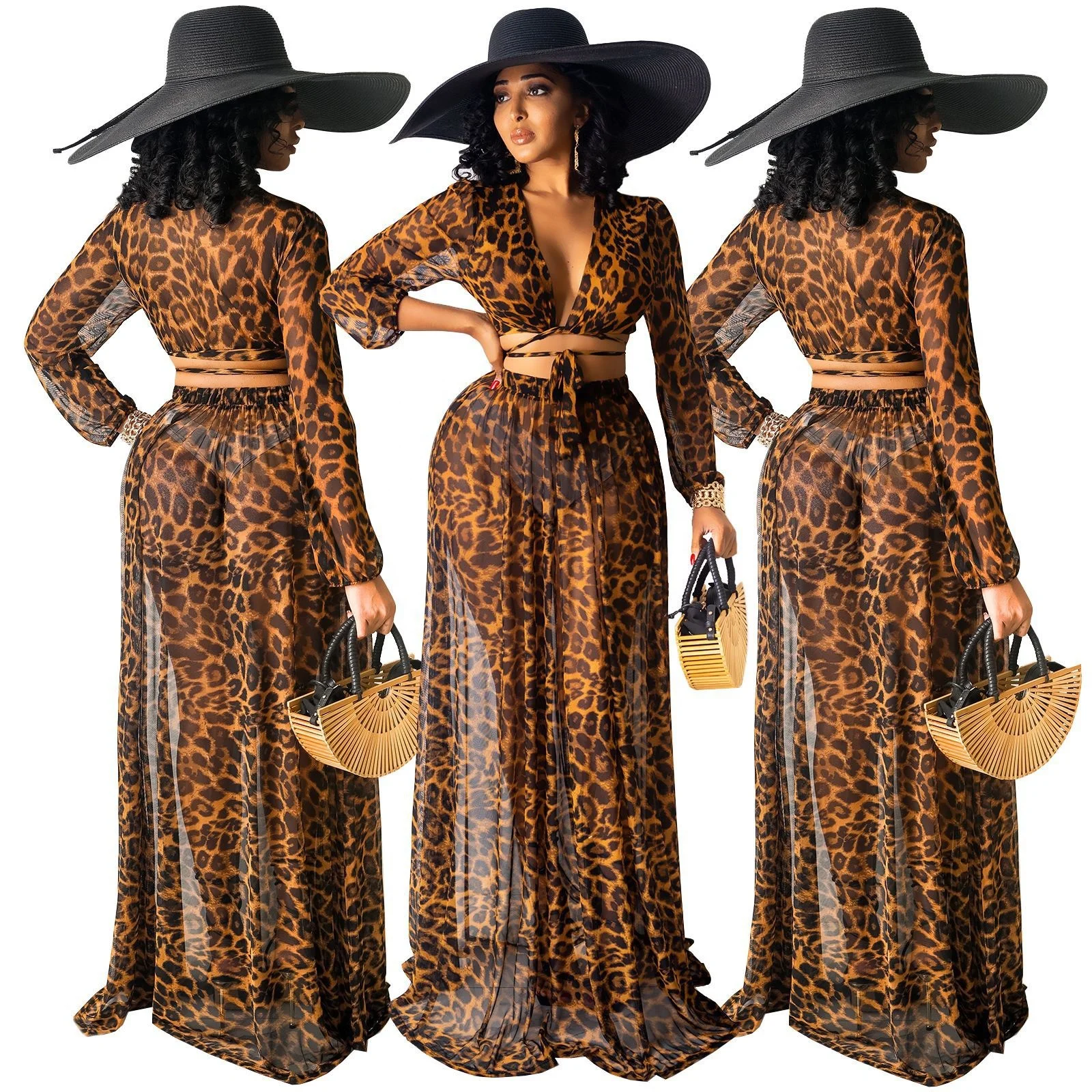 

QC -4239 The best selling women deep V-neck Chiffon material long sleeve leopard print maxi dress, As picture or customized make