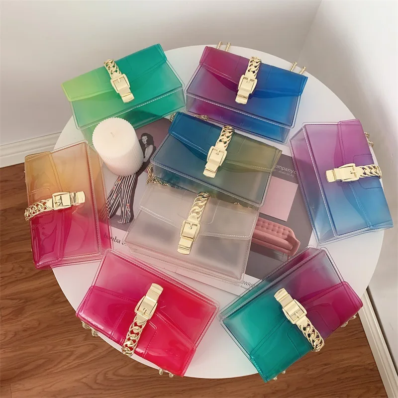 

Small Colorful single shoulder chain gradient jelly purses women mini bags handbags Clear Transparent PVC messenger shoulder bag