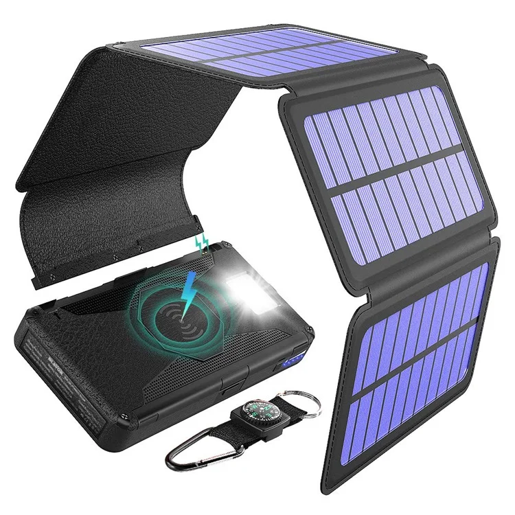 

Detachable Solar Panel Qi Wireless Charger 20000mah Portable Power Bank Folding Camping Solar Panels, Balck