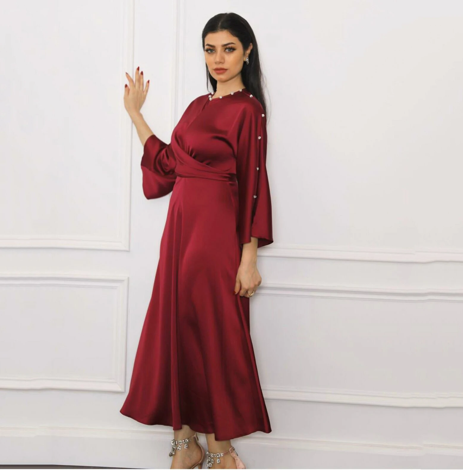 

2021 elegant african clothing islamic long sleeve crystal stone lace-up satin maxi dress wiith blet, 3 colors