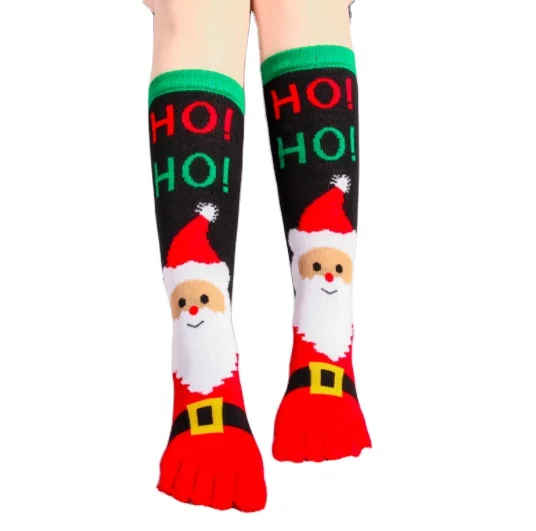 

8 Patterns Merry christmas fancy crew girls knee high five finger toe socks Women Mens Stocking