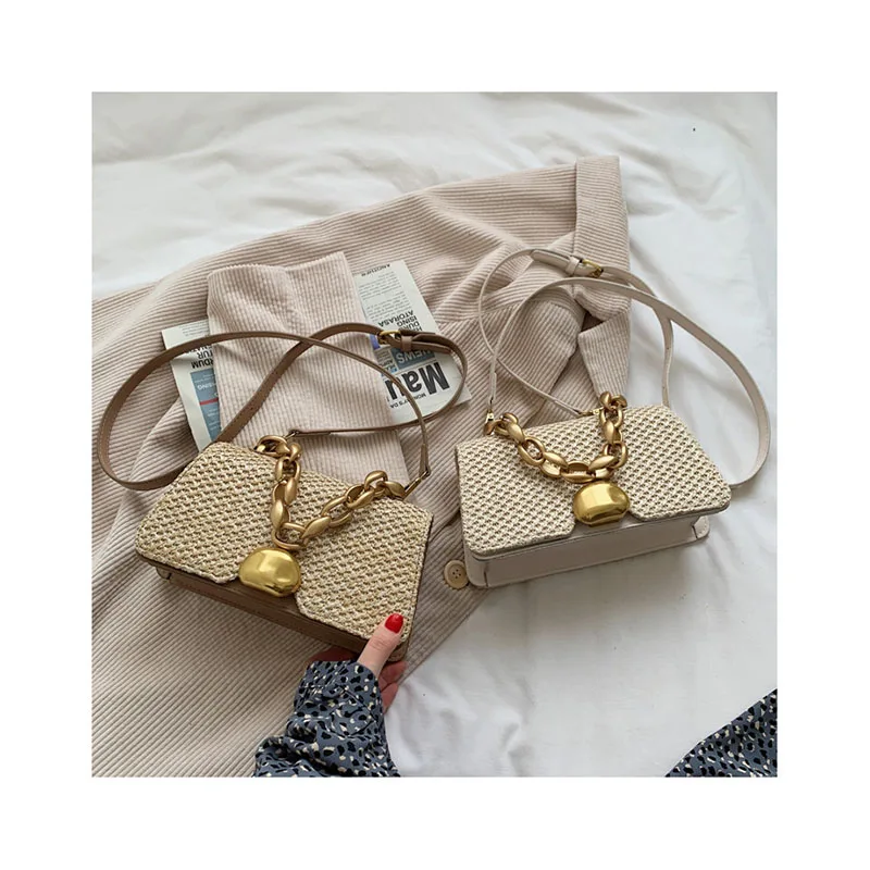 

Spring luxury Chain Handbag And Purpse Women Straw Messenger Bags Fashion Metal Buckle Small Square Sac New Woven Female Bolsa