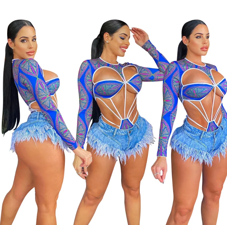 

OS6156 2022 Women's Fashion Jumpsuits Swimsuit Ladies Sexy Cutout Digital Printing Long Sleeve O-Neck One Piece Swimsuit, As pictures