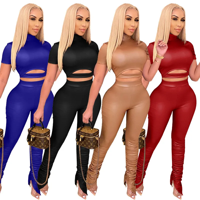

M2962 2020 New women pleated PU leather pants half neck short sleeve tight sexy PU leather two piece set