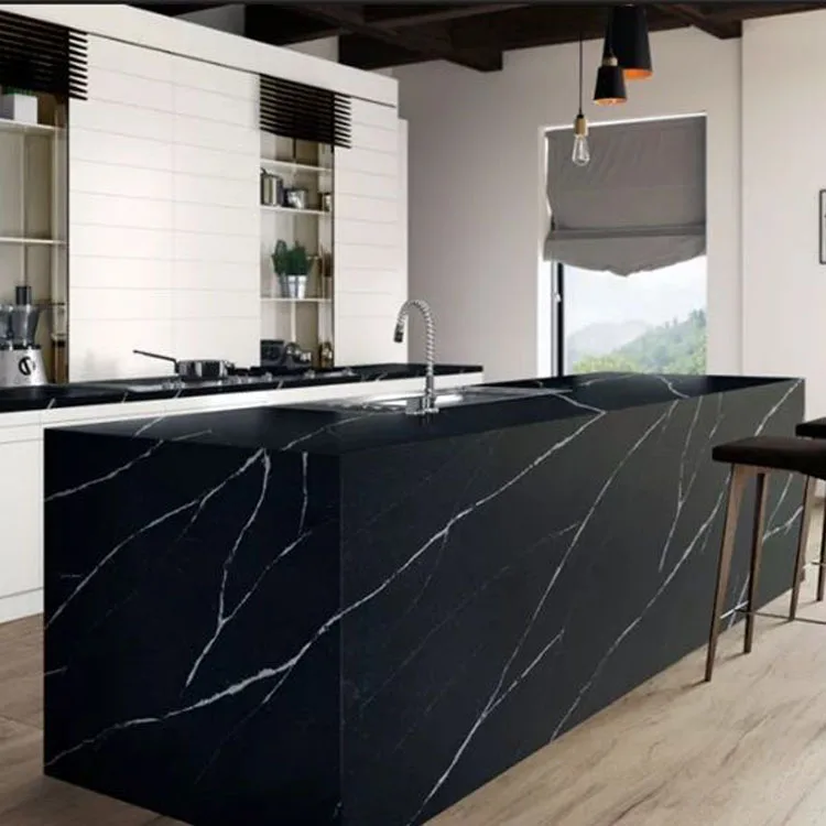 Prefab Quartz Countertops Engineered Stone Large Kitchen Island Black