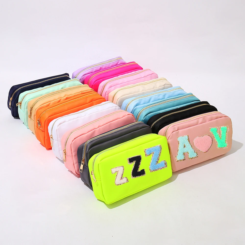 

RTS Stock Wholesale Multi Colors Waterproof Nylon Pouch Cosmetic Bag Women Letters Patch DIY Makeup Bag Teens large toiletry bag, Lake blue/grey/neon orange/hot pink/neon green/navy/baby pink