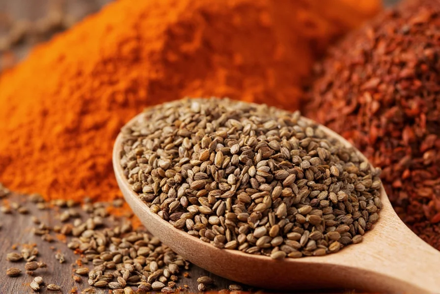 Close-up photography of cumin seeds on wooden spoon with spice market background