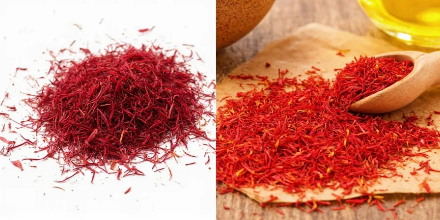 Side-by-side comparison of real saffron threads and fake safflower pieces