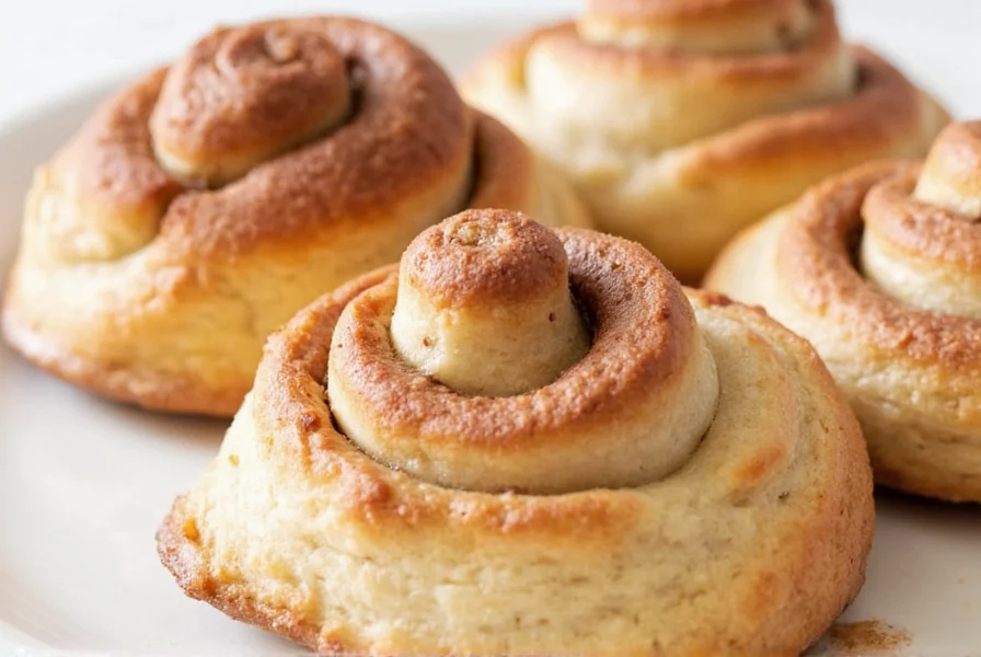 Finished keto cinnamon rolls with cream cheese frosting served on a rustic wooden plate