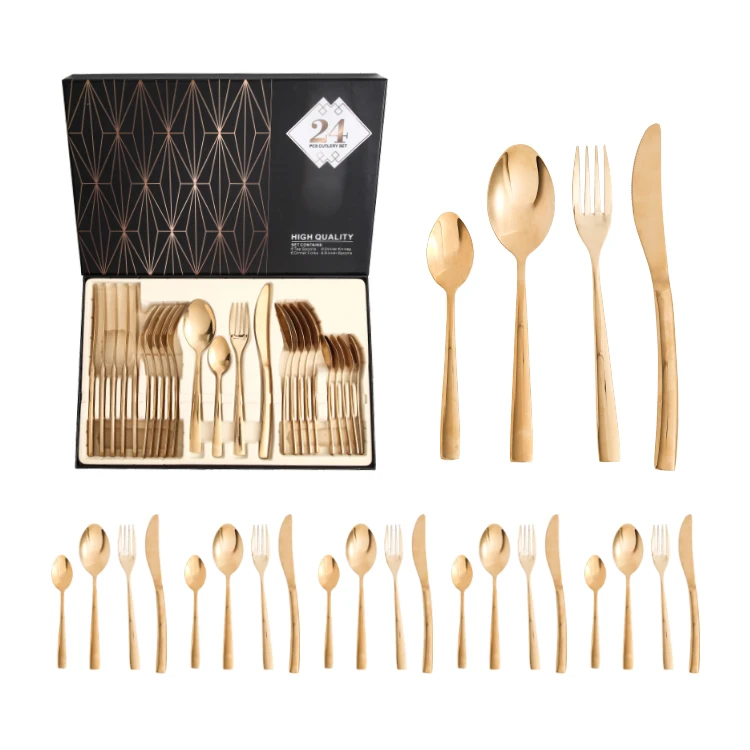 

Luxury royal 24 pcs flatware mirror polished western dinner knife fork spoon set gold stainless steel cutlery set with gift box, Gold cutlery set