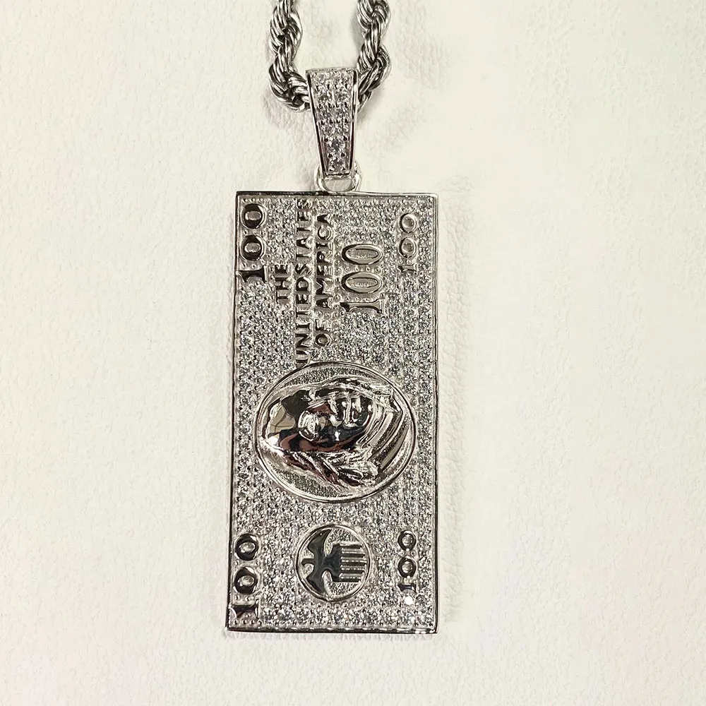 

50% discount 925 Silver White Gold Rope Chain Iced Creative Dollar Bill Pendant