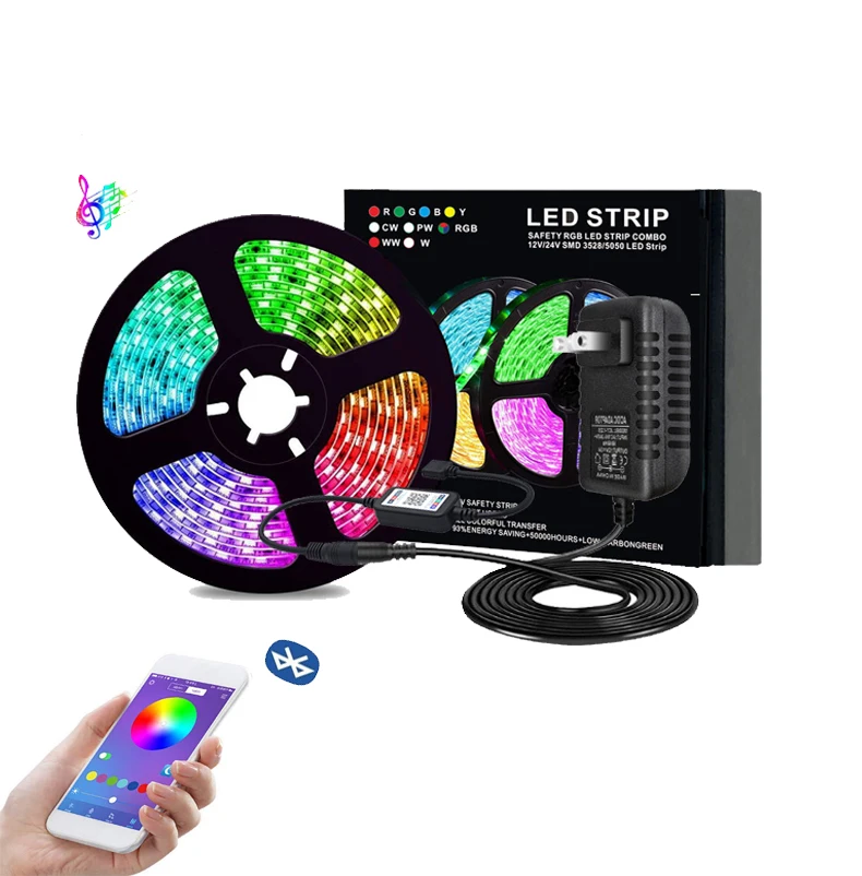 Hot sale smart bright 5050 RGB bedroom DC12V 5m music strips light kit app control non waterproof  Bluetooth LED strip light